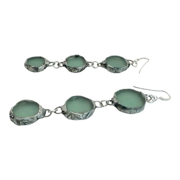 Triple Drop Sea Glass Artisan Earrings w/ Silver Blend Cabochons & 925 Hooks - Picture 8 of 15